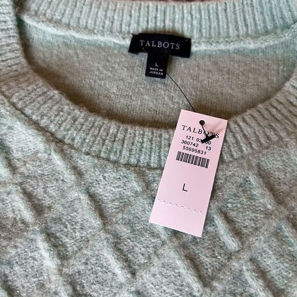 NWT Talbots Cable Knit Crew Neck Ruffle Shoulder Sweater Frosty Green Size LARGE - Picture 5 of 5